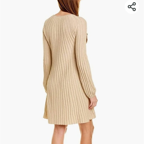 MAX STUDIO A-LINE SWEATERDRESS PLEATED BEIGE TONE LONG SLEEVE WOMEN'S SIZE LARGE - Picture 2 of 12